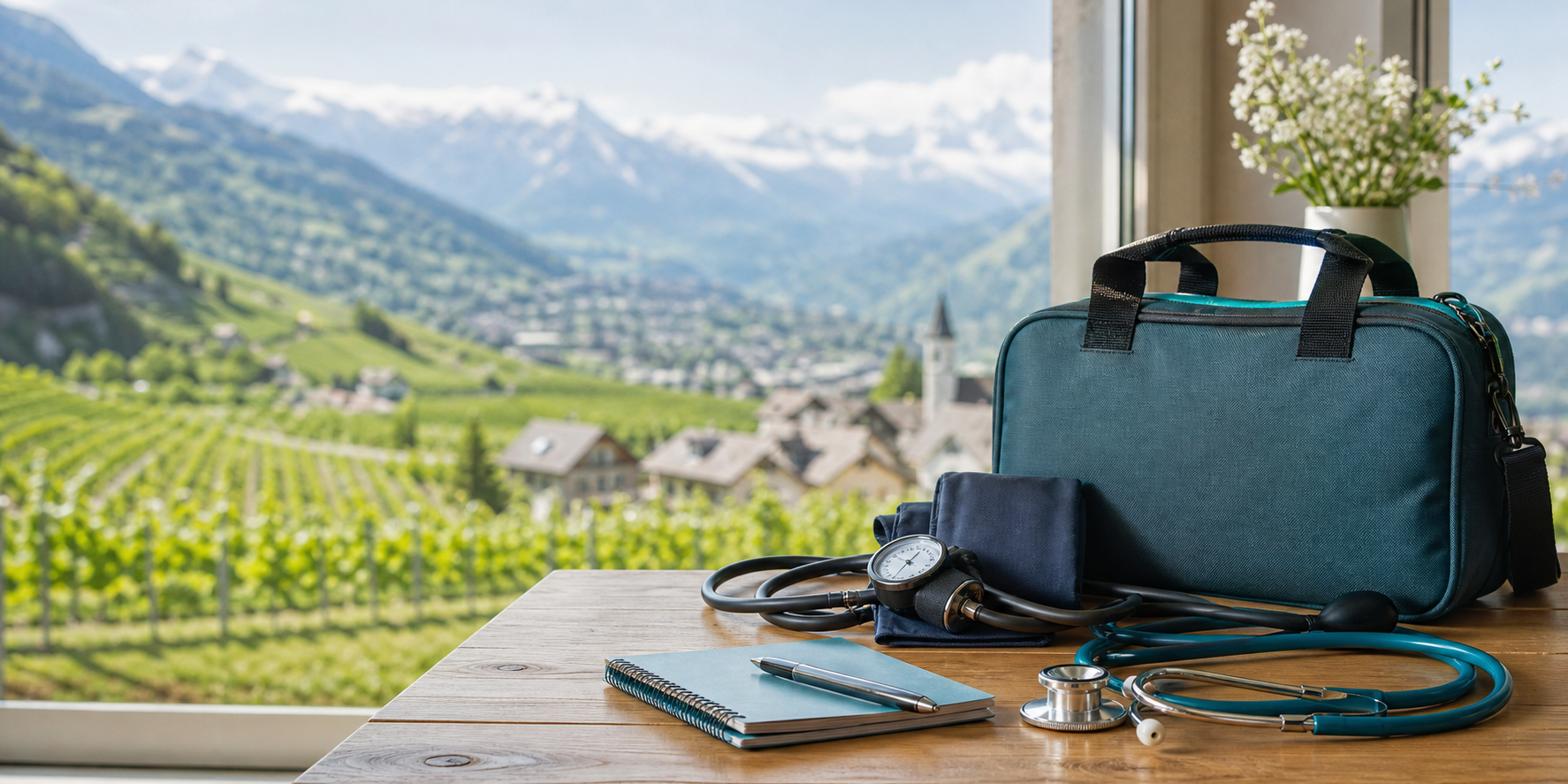 Sac de soins infirmiers devant un paysage alpin valaisan